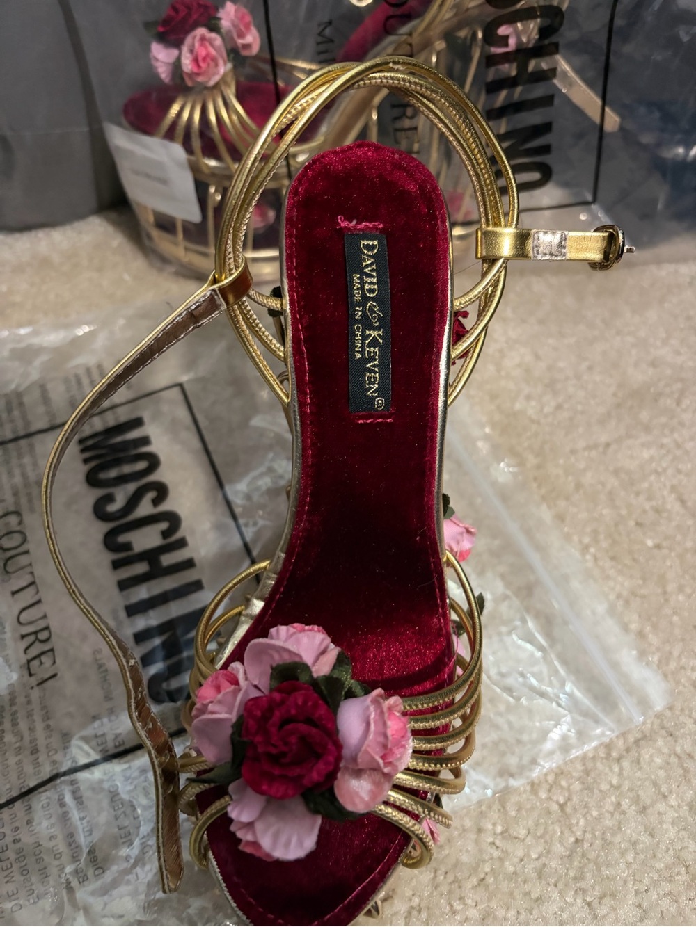 Gold Cage Wedge Sandals with Red Velvet & Pink Flower Accents - Picture 5 of 5